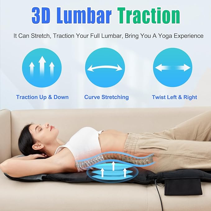 Full Body Massage Mat, Back Massager for Pain Relief Deep Tissue, 3D Shiatsu Neck and Back Massager with Heat, 3D Lumbar Traction & Relaxation, 4 Vibrating Motors, Massage Pad for Bed, Fit 5'1-6'2