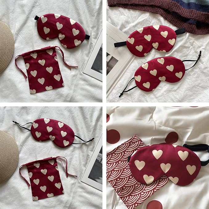 Red Heart Silk Sleep Eye Mask Storage Bag Set Women Adjustable Soft Mulberry Silk Blackout Eye Cover for Yoga Travel Nap Head Mounted