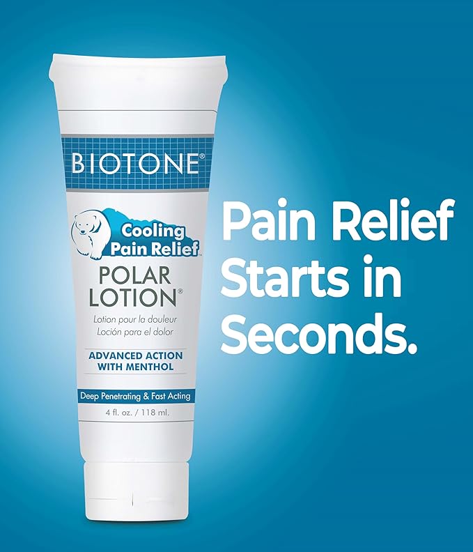 BIOTONE Polar Lotion relieves minor Arthritis, Backaches, Strains, Sprains, Stiffness, Bruises, and Muscle Cramps, 4 oz.