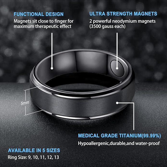 JEROOT 8mm Black Titanium Magnetic Ring for Men, 5mm Silver Pure Titanium Magnetic Ring for Women, Healing Ring with 3500 Gauss Magnets for Jewelry Gifts