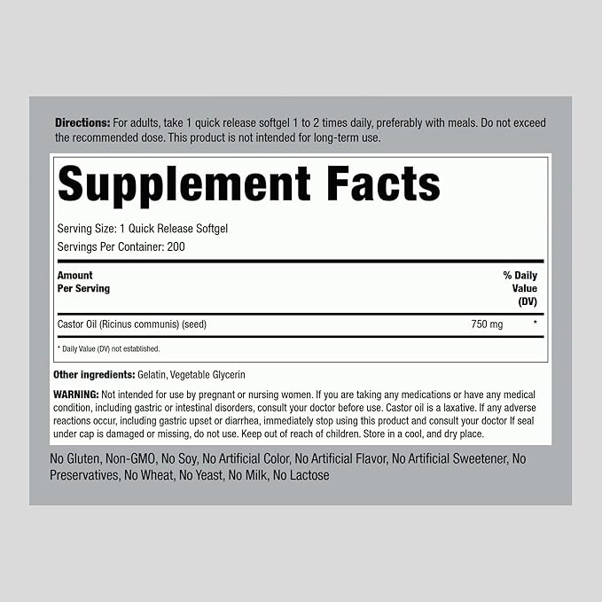 Piping Rock Castor Oil Softgel Capsules 750mg | 200 Count | Cold Pressed | Non-GMO, Gluten Free Supplement
