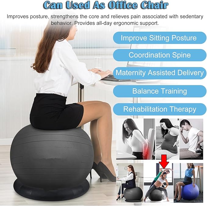 Yoga Ball Chair - Relieve Back Pain, PVC Anti-Burst Exercise Ball Chair for Home Office Desk Workout with Base & Resistance Bands, Backless Bouncy Ball Chair, Inflatable(Diameter 55cm(21 3/5 inch))