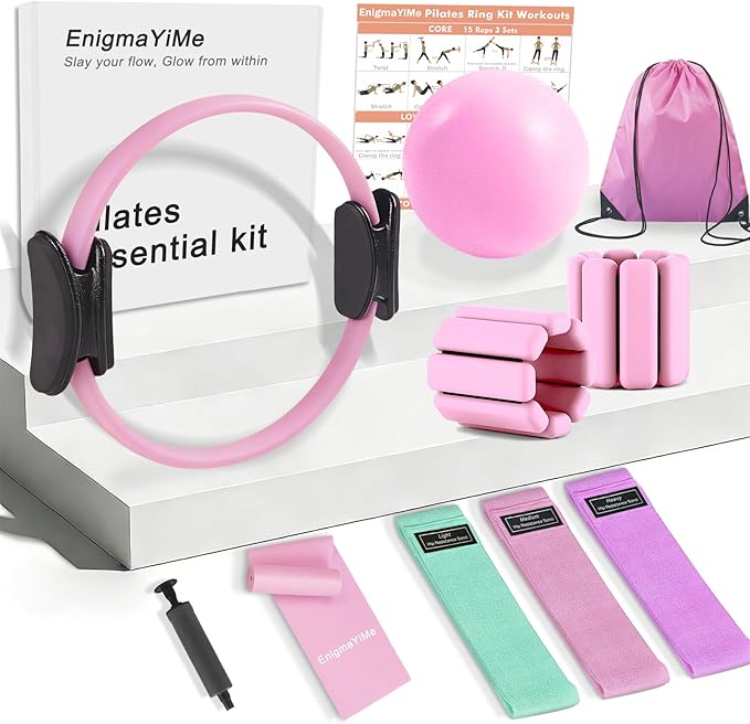Pilates Ring Kit with Adjustable Ankle Wrist Weights, Resistance Bands, Ball, Pilates Equipment Ball for Home Workout to Tone, Sculpt and Strengthen, Fitness Magic Circle Rings for Yoga Women