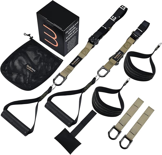 Suspension Trainer, Bodyweight Training Straps for Full Body Workouts at Home, Includes Door Anchor, Extension Arms and Advanced Foot Straps. Green