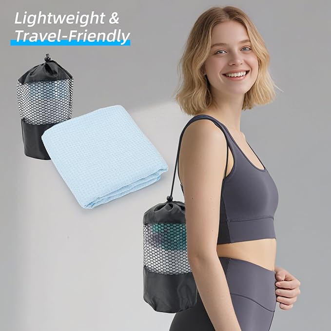 YESLIFE Non-Slip Extra Thick Hot Yoga Towel with One Sweat Towel, Microfiber Sweat Absorbent Yoga Mat Towel with Grip Dot, Pilates Mat, 72" x 24", Light Blue