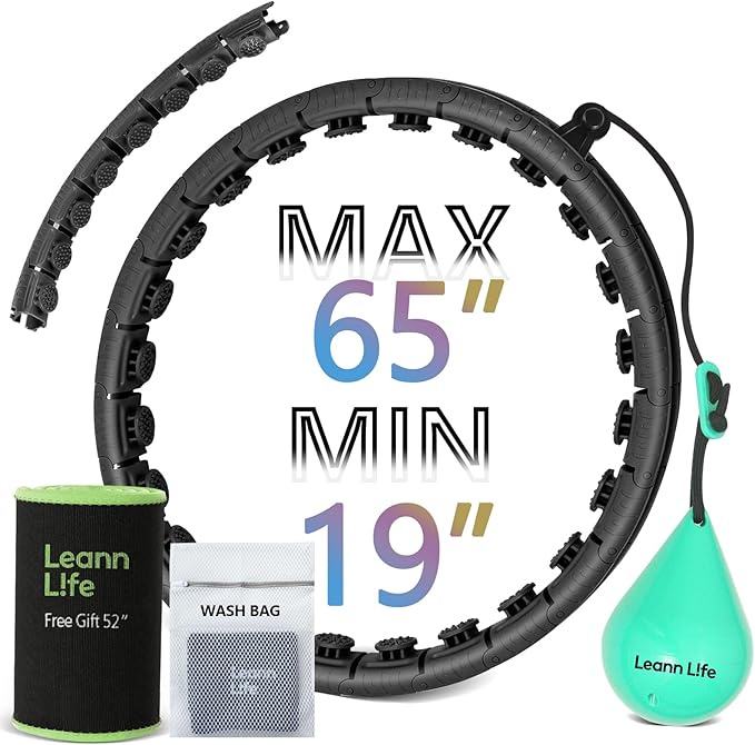 U2 Black-32 Knots 19”- 65”, Detachable & Size Adjustable Weighted Hula Hoop for Kids Adults Weight Loss, Infinity Hoop Plus Size, Abdominal Toner,5 Color Balls, Free Waist Trimmer&Wash Bag