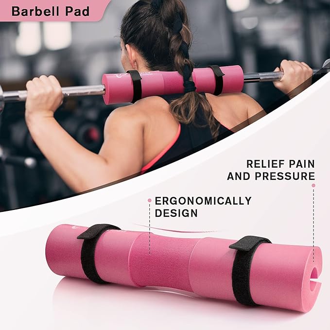 RitFit 7 Pcs Barbell Squat Pad Set, with Resistance Band, 2 Safety Straps, 2 Gym Ankle Straps & Carry Bag, Upgraded Neck & Shoulder Protective Pad Support for Squats, Lunges & Hip Thrust (Pink/Black)