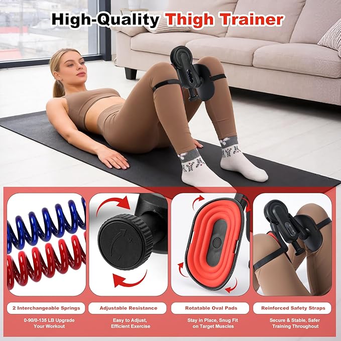 Thigh Trainer, 10-135LB Adjustable Resistance Inner Thigh Exerciser, Pelvic Floor Muscle Repair with Leg Strap, Workout Kegel Exercise Equipment for Shaping, Yoga, Weight Loss Home Gym