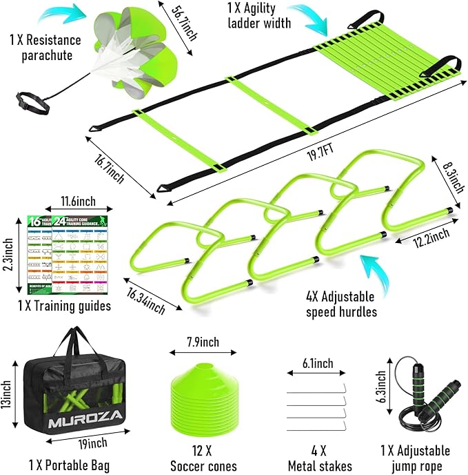 Agility Ladder, Agility Speed Training Equipment Set, 20ft Speed Ladder, 12 Soccer Cones, 4 Hurdles, Jump Rope, Running Parachute, Soccer Football Basketball Training Equipment Accessories