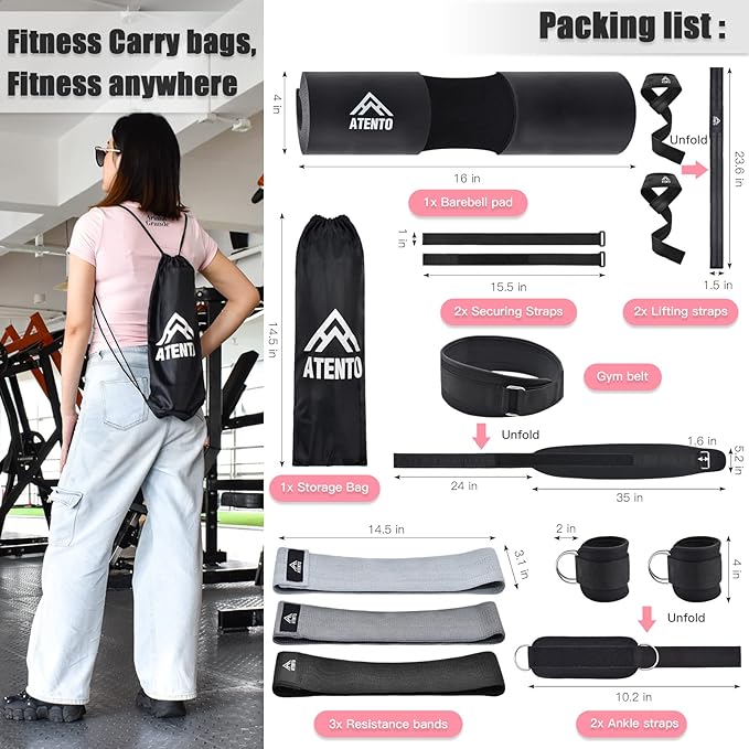 ATENTO 10Pcs Barbell Pad Set with Weight Lifting Belt, Thick Cushion Hip Thrust Pad for Bench Press, Lunges, Workout, Leg Exercise, Squat Bar Pad for Relief Pressure from Neck & Shoulder for Smith machine & Olympic Bars, with 2 Gym Ankle Straps, Hip Re...