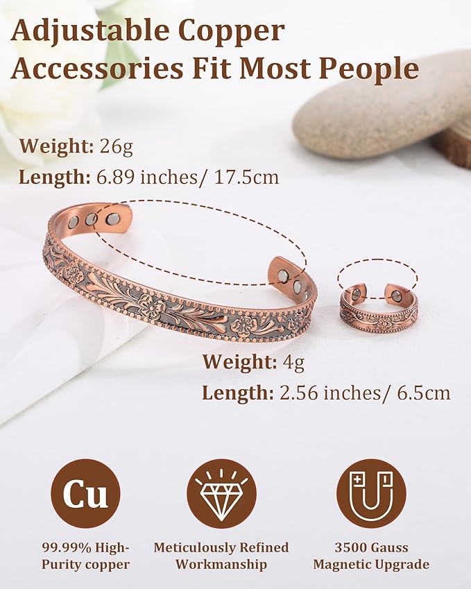 BioMag 99.99% Pure Copper Bracelet&Ring for Men and Women, Adjustable Magnetic Bracelet & Ring with 3500 Gauss Magnets, Vintage Flower Design, Jewelry Christmas Gift