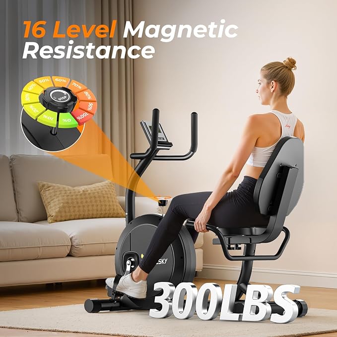 OWLSKY Recumbent Exercise Bike for Home Gym, Magnetic Stationary Bike with 16-Level Resistance, Quiet 15LBS Flywheel, 300LBS Capacity, Low-Impact Cardio & Physical Therapy