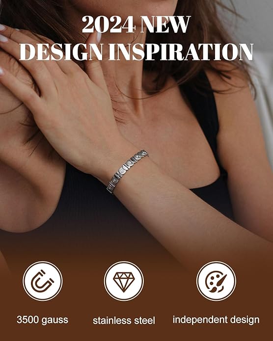 RainSo Magnetic Bracelets for Women Stainless Steel with Ultra Strength Magnetic Kissing Fish Design Adjustable Crystal Silver Bracelet for Mother's Day Birthday Gift [Include Sizing Tool]
