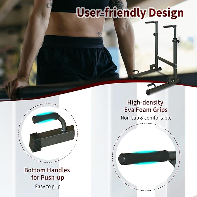 Generic Adjustable Dip Bars for Home, Pull Up Bar Dip Station, Strength Training Dip Stands with Bench, Black