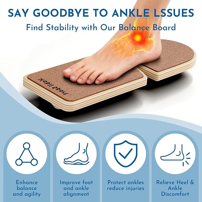 Cork Ankle Balance Board & Foot Strengthener – Extra-Wide Wooden Single Leg Stability Trainer for Arch Comfort, Mobility & Recovery – Adjustable Rocker System (Natural Cork Edition)
