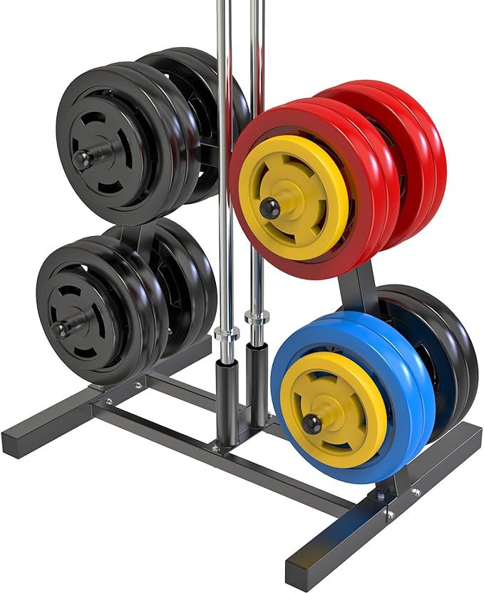 SELEWARE Olympic Weight Plate Tree Rack with 8 Weight Pegs & 2 Barbell Holders, Heavy-Duty Steel Gym Storage Organizer with Locking Wheels for 2 Inch Olympic Plates & Bars