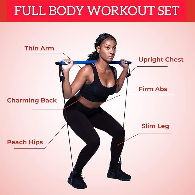 Pilates Bar Stick – Professional Pilates Bar Kit for Home & Gym Workout – Adjustable Resistance Bar – Suitable for All Fitness Levels – Yoga Pilates Bar Kit with Foot Loop and Bonus Gloves