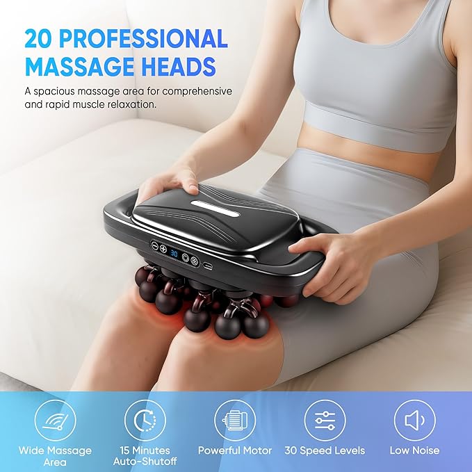 20-Head Massage Gun Set, Deep Tissue Massager with 3 Modes & 30 Levels, Muscle Massager Pain Relief, Percussion Massage Gun for Back/Shoulders/Legs/Waists (Black, 20-Head)