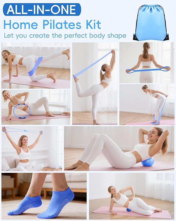 KABCON Pilates Kit for Home, Women Beginners Workout Essentials Set with 13" Ring, 9.8" Ball, Resistance Bands & Guide, 13/14/16 PCS Compact Pilates Equipment