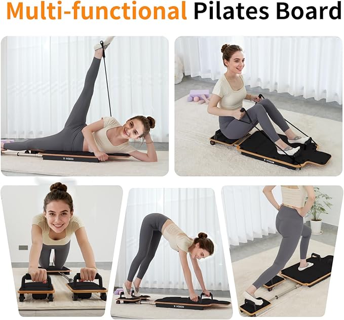 Pilates Board Reformer for Home Workout, Reformer Board, Glide Board, Sliding Rails, Maple Wood Deck & High-Strength Steel Rails, Adjustable Resistance Bands, PU Wheels, Quick Assembly