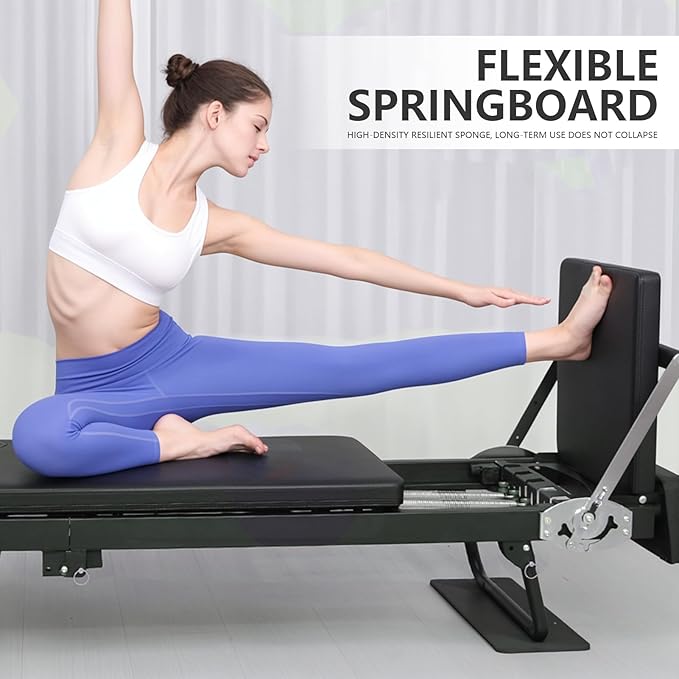 Foldable Pilates Reformer Machine for Home Workouts, Premium Yoga Studio Equipment with Adjustable Resistance, Full Body Fitness Training for All Levels Black