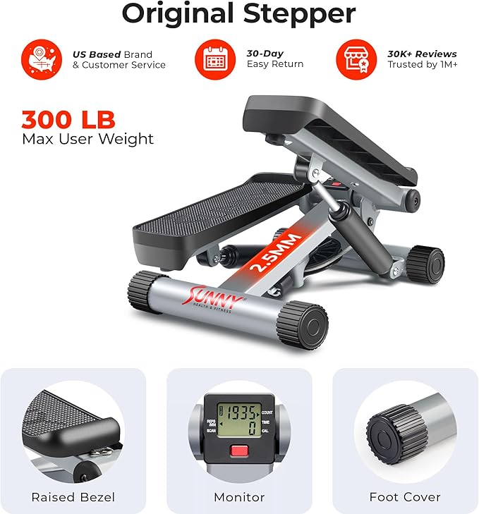 Sunny Health & Fitness Mini Steppers for Exercise at Home, Stair Step Workout Machine with Optional Resistance Bands, Full Body Cardio Equipment, Optional Free SunnyFit App Connection Smart Stepper