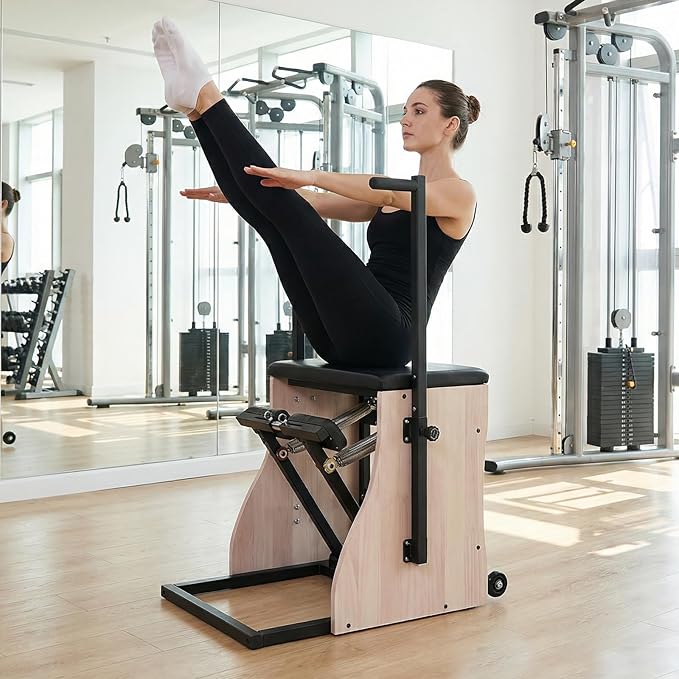 Generic Oak Wood Pilates Chair Reformer Machine Split Pedal Fitness Reformer with Resistance Bands and Springs Split Pedal Handles for Workout Equipment Home Gym or Studio