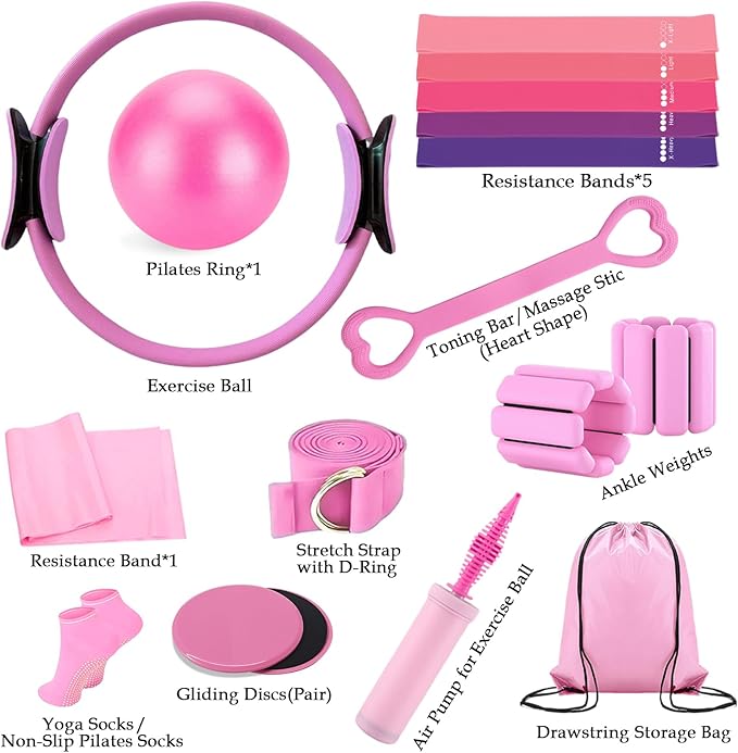 Pilates Kit for Home Workouts – Pilates Equipment Set with Ring, Ball, Resistance Bands, Pilates Accessories, Pilates Essentials Kit for Women, Pilates Sets for Home Exercise