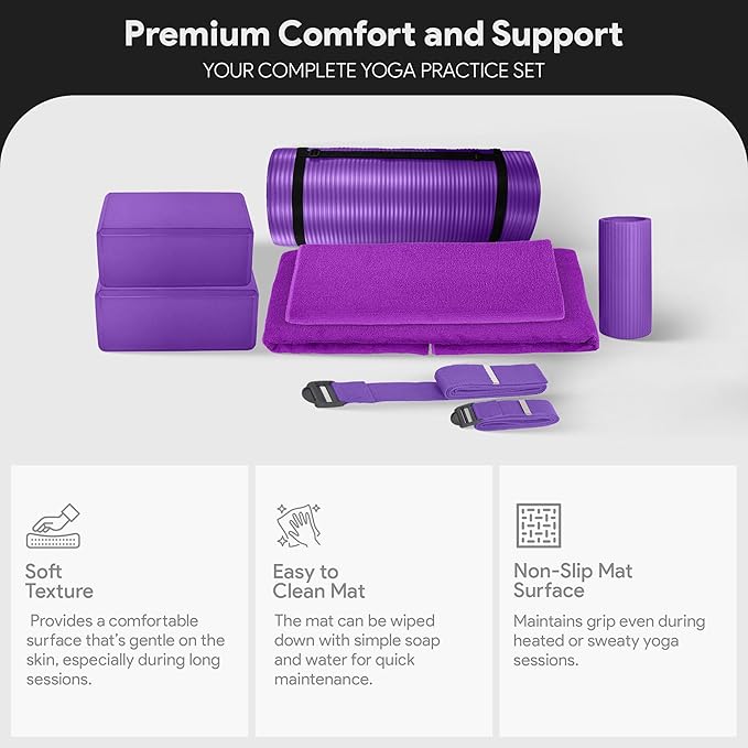 BalanceFrom 7-Piece Yoga Set with 71x24x1 Inches Extra Thick Mat and Carrying Sling – Includes 2 Blocks, Stretch Strap, 2 Towels, and Knee Pad for Home, Studio, and Gym Workouts