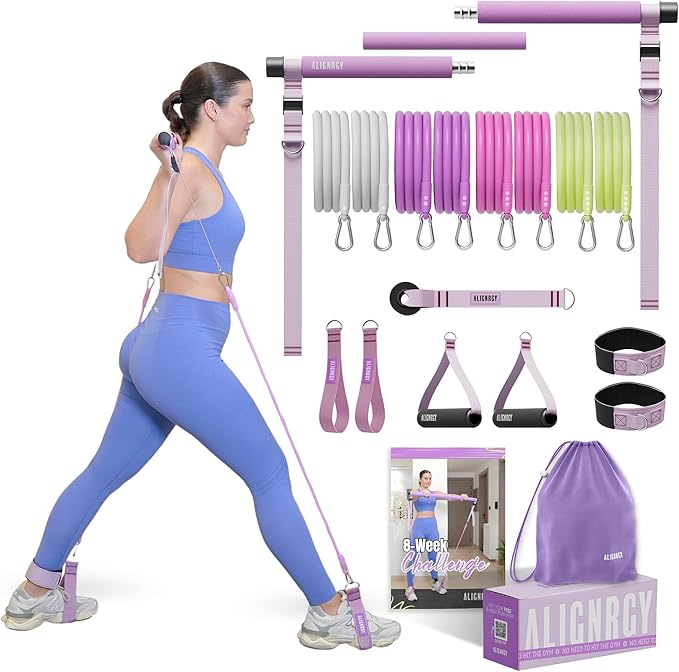 Portable Pilates Bar Kit with Resistance Bands (20, 30, 40, 50 LBS) – Adjustable Home Workout Equipment with 8 Week Training Program – Full Body Fitness Bar for Pilates, Strength Training