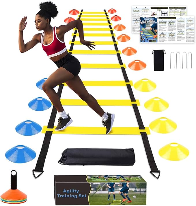 Soccer Speed Agility Training Set - 20FT Agility Ladder 12/16 Sports Cones and Soccer Kick Trainer Football Training Equipment Footwork Drills for Youth and Adults