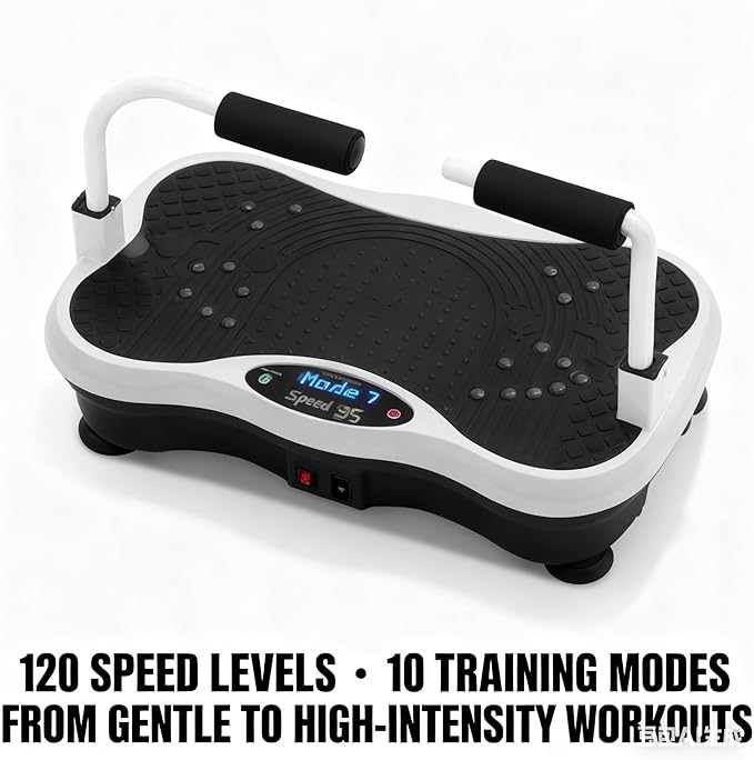 Vibration Plate Exercise Machine with Adjustable Handrails - 120 Speed Levels, 10 Modes for Full Body Workout, Home Fitness Equipment with Resistance Bands, Remote Control for Toning