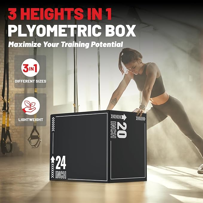 papababe 3-in-1 Plyometric Jump Box Workout Equipment, Box Jumps for Home Gym, Trainer with Anti Slip Surface and High Density Foam, Box Height: 20", 24", 30"