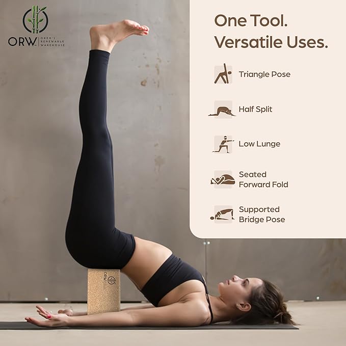 ORW Cork Yoga Block – FSC Natural Cork, 9”x6”x3”, 1.5 lb Dense Stability Block, Non-Slip Grip, REACH Tested