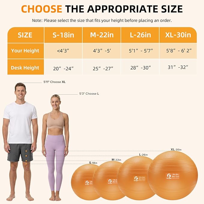 Gruper Yoga Ball, Extra Thick Non Slip Exercise Ball for Workout, Birthing, Balance, Stability, Pregnancy, 4 Sizes Anti Burst Chair for Home and Office, Includes Quick Pump & Fitness Guide