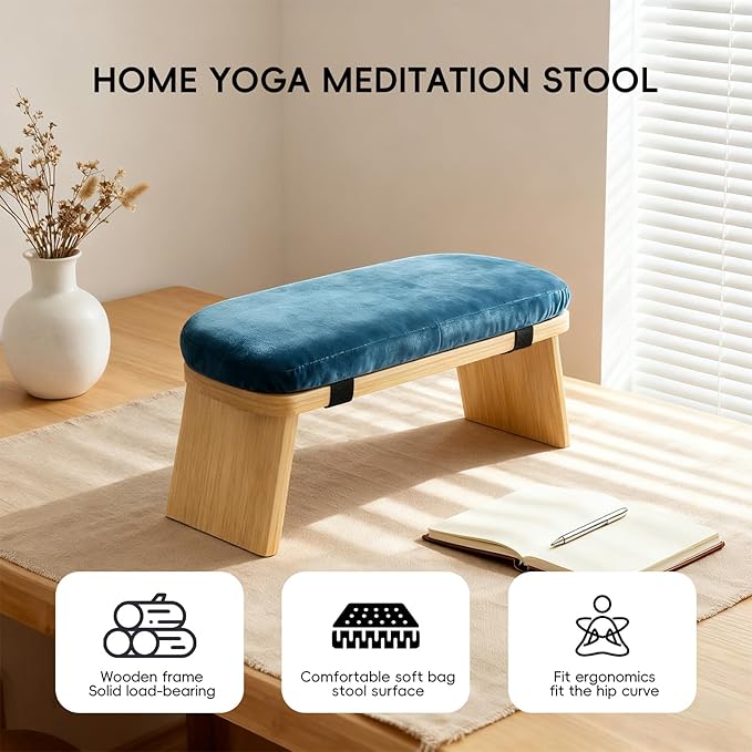 Natural Beech Wood Yoga Bench, Ergonomic Design for Kneeling, Meditation, Pilates, FSC Certified (Blue)