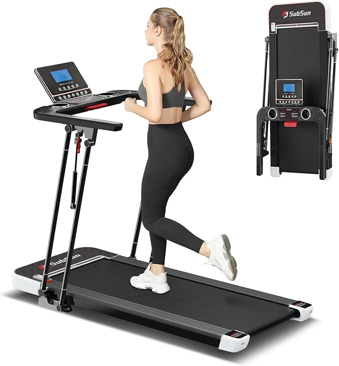 SubSun Foldable Treadmill for Home, Portable Walking Pad with Handle, Manuall/Auto/No Incline, 2.5HP Treadmill with 265 Lbs, Black/White