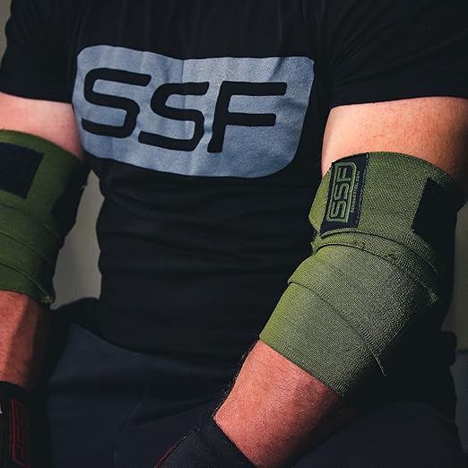 SERIOUS STEEL FITNESS Weightlifting Elbow Wraps (Pair 120 cm (47") or 160 cm (63")) (120 CM (47" - Green - Stiff))