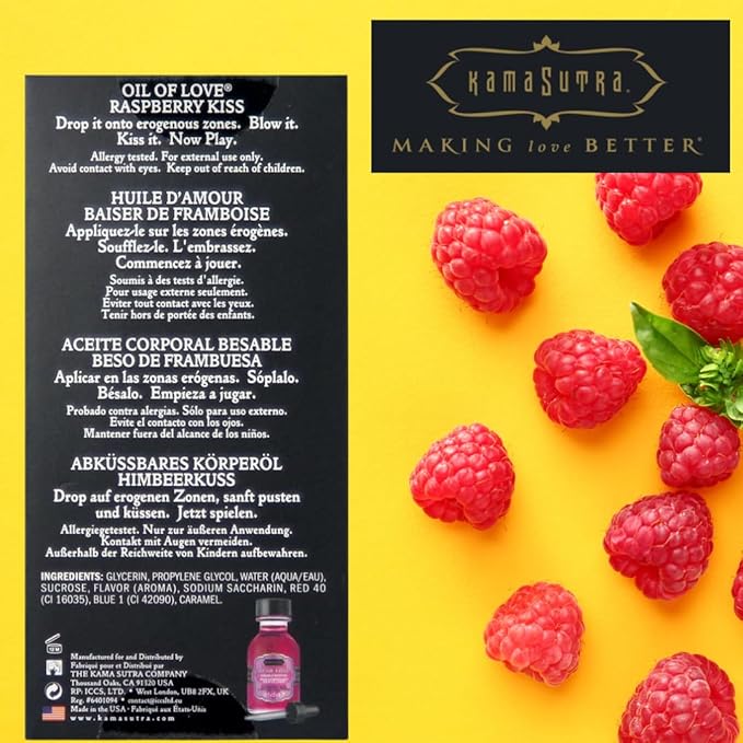 KAMA SUTRA Oil of Love Raspberry Kiss - .75 fl oz - Kissable Warming Body Topping for Oral Foreplay Fun, Delicious Lickable Flavor for Couples, Women, and Men. Water-Based.