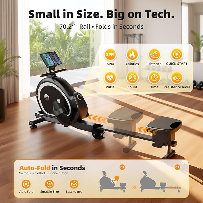 Magnetic Rowing Machine for Home, Compact Smart Rower with One-Touch Fold, 16 Levels Quiet Resistance, Bluetooth Heart Rate, 300LB Capacity, Self-Powered Design for Small Spaces
