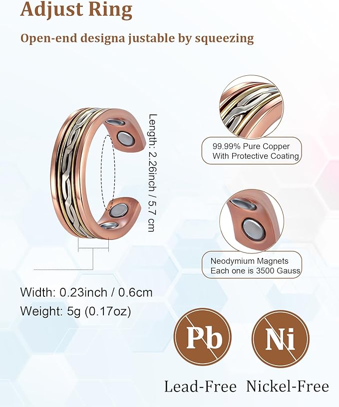 Copper Ring for Women, Pure Copper Adjustable Magnetic Ring with 3500 Gauss Effective Magnet (Women)
