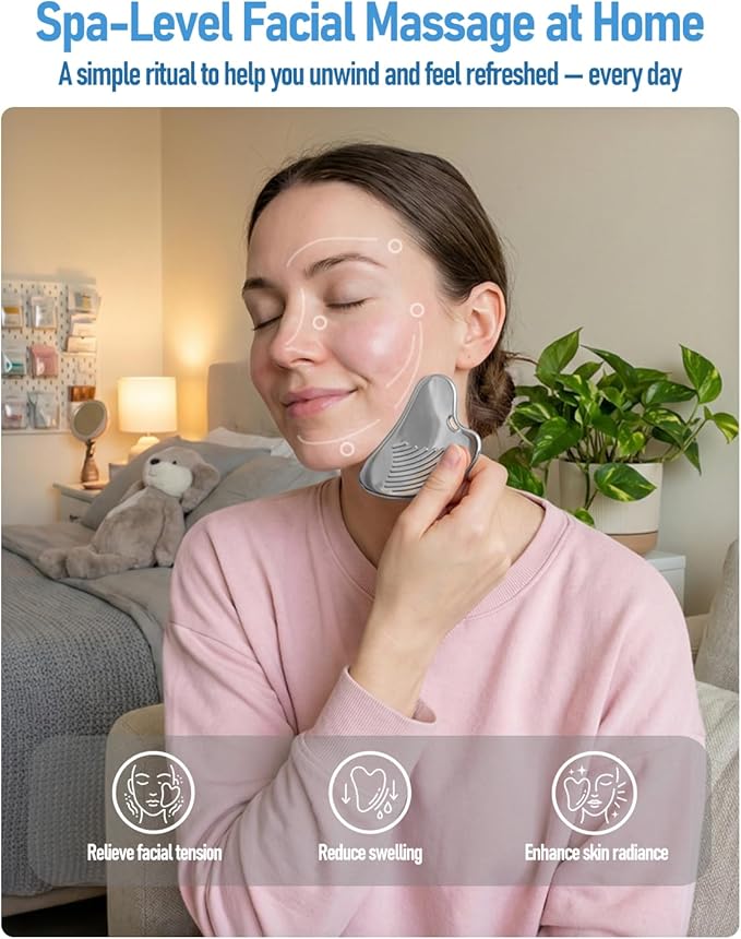 Amirce Non-Slip Grip Stainless Steel Gua Sha Tool for Face, Ribbed Facial Guasha Massage Tool, Cooling Metal Face Massager Scraper for Jawline Sculpting Cheeks & Chin Present for Women Moms