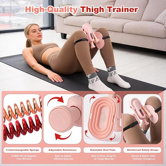 Thigh Trainer, 10-135LB Adjustable Resistance Inner Thigh Exerciser, Pelvic Floor Muscle Repair with Leg Strap, Workout Kegel Exercise Equipment for Shaping, Yoga, Weight Loss Home Gym