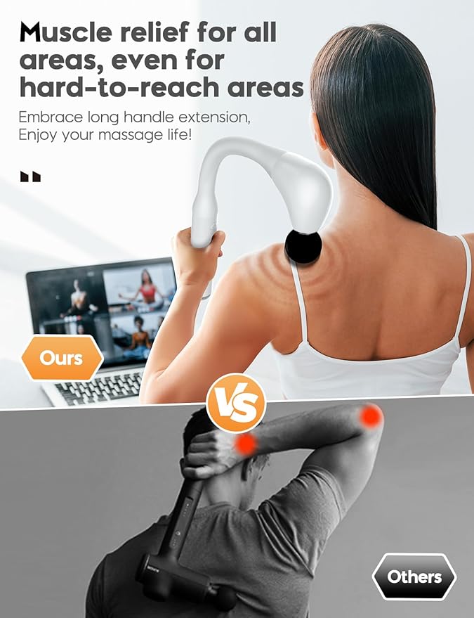 FVZ White Percussion Massage Gun with Upgraded Extension Handle, 10MM Massage Gun Deep Tissue, Muscles/Neck/Shoulders/Waist/Legs Massager Portable for Pain Relief
