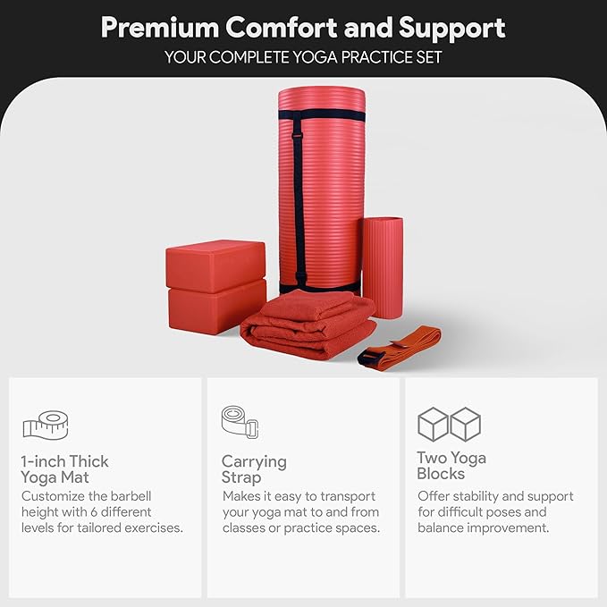 BalanceFrom 7-Piece Yoga Set with 71x24x1 Inches Extra Thick Mat and Carrying Sling – Includes 2 Blocks, Stretch Strap, 2 Towels, and Knee Pad for Home, Studio, and Gym Workouts
