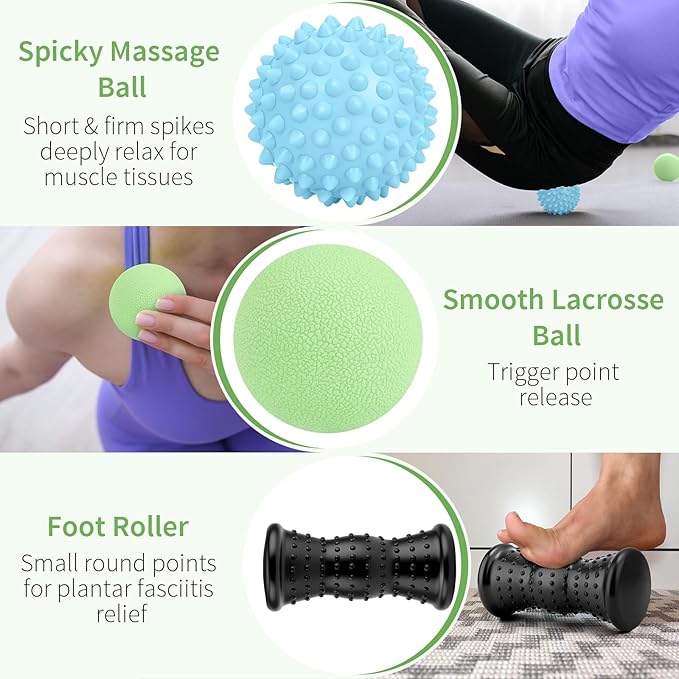 Maliton Massage Ball & Foot Roller - 3-in-1 Set with Spiky Ball, Lacrosse Ball, Massage Roller - Plantar Fasciitis Relief and Heel Spur Pain, Trigger Point Therapy for Deep Muscle Massage.