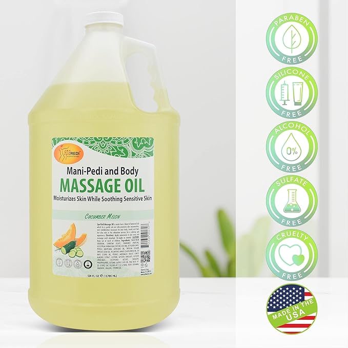 SPA REDI - Massage Oil, Cucumber and Melon, 128 Oz - Professional Full Body Massage Therapy, Made with Almond Oil, Cotton Seed Oil, Sunflower Oil, Avocado Oil, Essential Oils and Vitamin E
