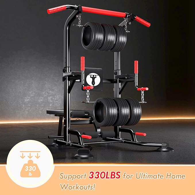 Dland Strength Training Dip Stands, Stand-Up Gym with Bench, Adjustable Bench Press Machine, Home Gym Weightlifting Equipment, Pull-Up Bar Multi-Function Adjustable Leg Press Machine for Weightlifting, Bodybuilding, CrossFit, Yoga, Pilates