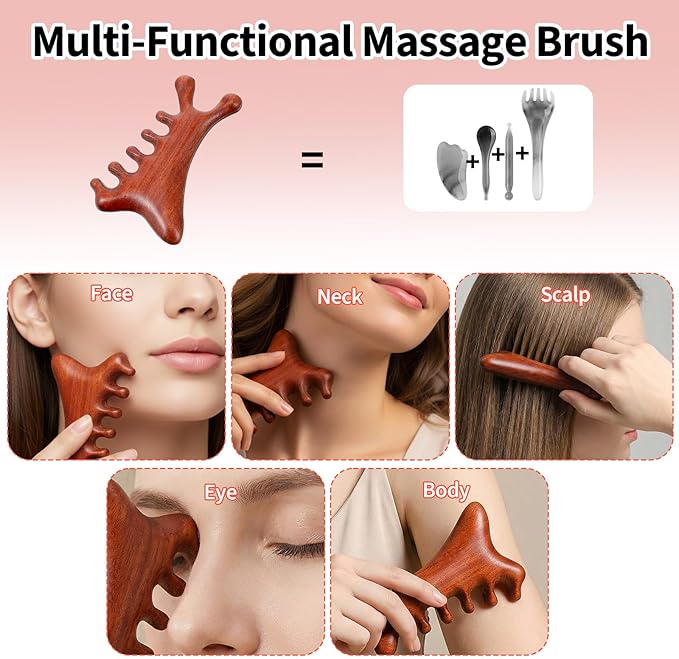 4 in 1 Natural Sandalwood Gua Sha Massage Tool, Face Eye Neck & Body Meridian Therapy Tool for Relaxation Lymphatic Drainage Massage Comb for Home Office Travel