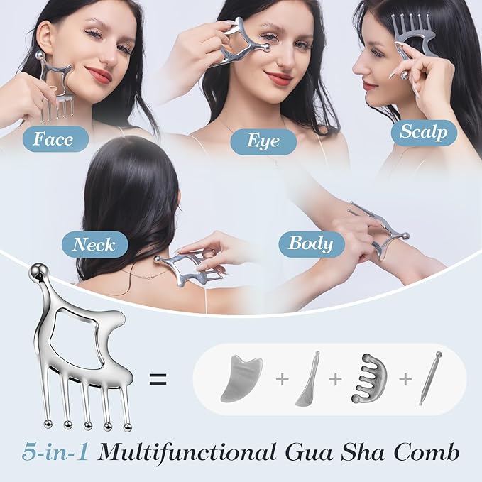Gua Sha Tool with Handle,5in1 Scalp Massage Tool for Head&Face&Body, Protable Scalp Comb Guasha for Deep Relaxation and Relieving Pain, Acupressure and Trigger Point Tool for SPA